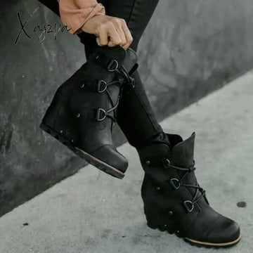 Xajzpa - Women’s Wedge Boots Mid Waterproof Vegan Leather Black / 5